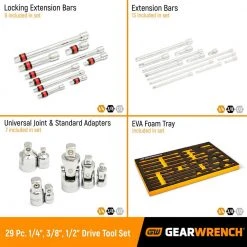 GEARWRENCH 1/4 in., 3/8 in., 1/2 in. Drive Chrome Tool Accessories Set with EVA Foam Tray (29-Pieces) -GEARWRENCH Sales gearwrench professional industrial tool sets 86523 fa 1000